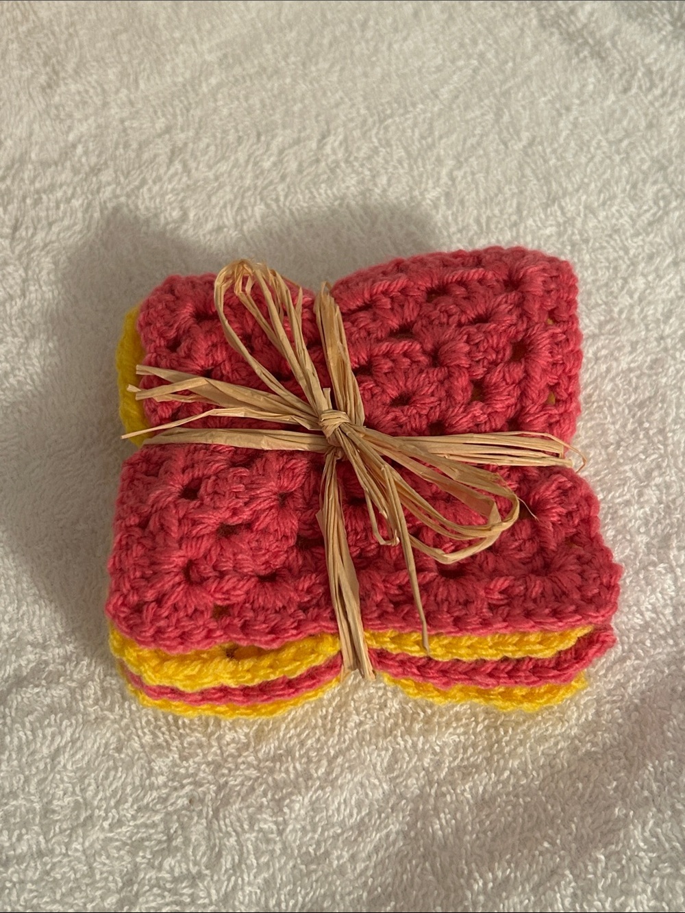 Handmade Pink and Yellow Crocheted coaster set of 4